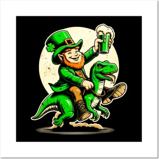 Irish Fantasy: Leprechaun Astride T-Rex Celebration Shirt for St. Patrick's Posters and Art